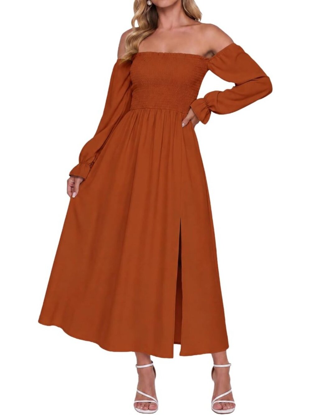 Women's Caramel Off Shoulder Long Sleeve Boho Flowy Wedding Guest Maxi Dresses